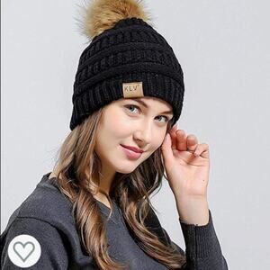 KlV Black Knit Casual Ski Winter Beanie with Faux Fur Pom